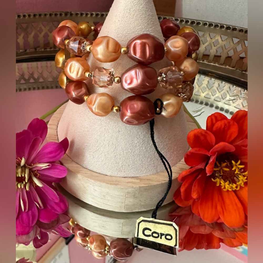 1960's Coro Dulce De Leche Faux Pearl Blush Peach Crystal Cuff Bracelet w/ Tag!